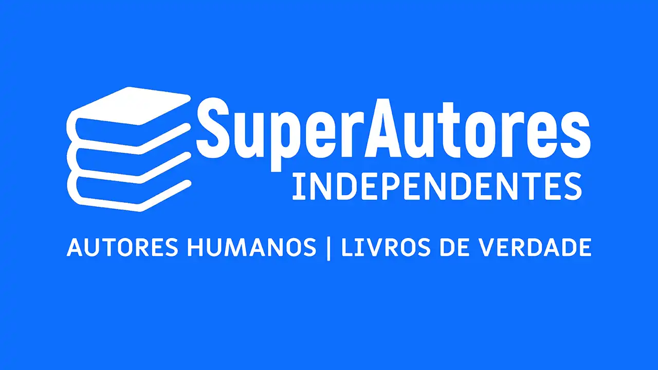 Logotipo Super Autores Independentes com fundo azul e texto branco. Embaixo, o slogan Autores Humanos - Livros de Verdade.